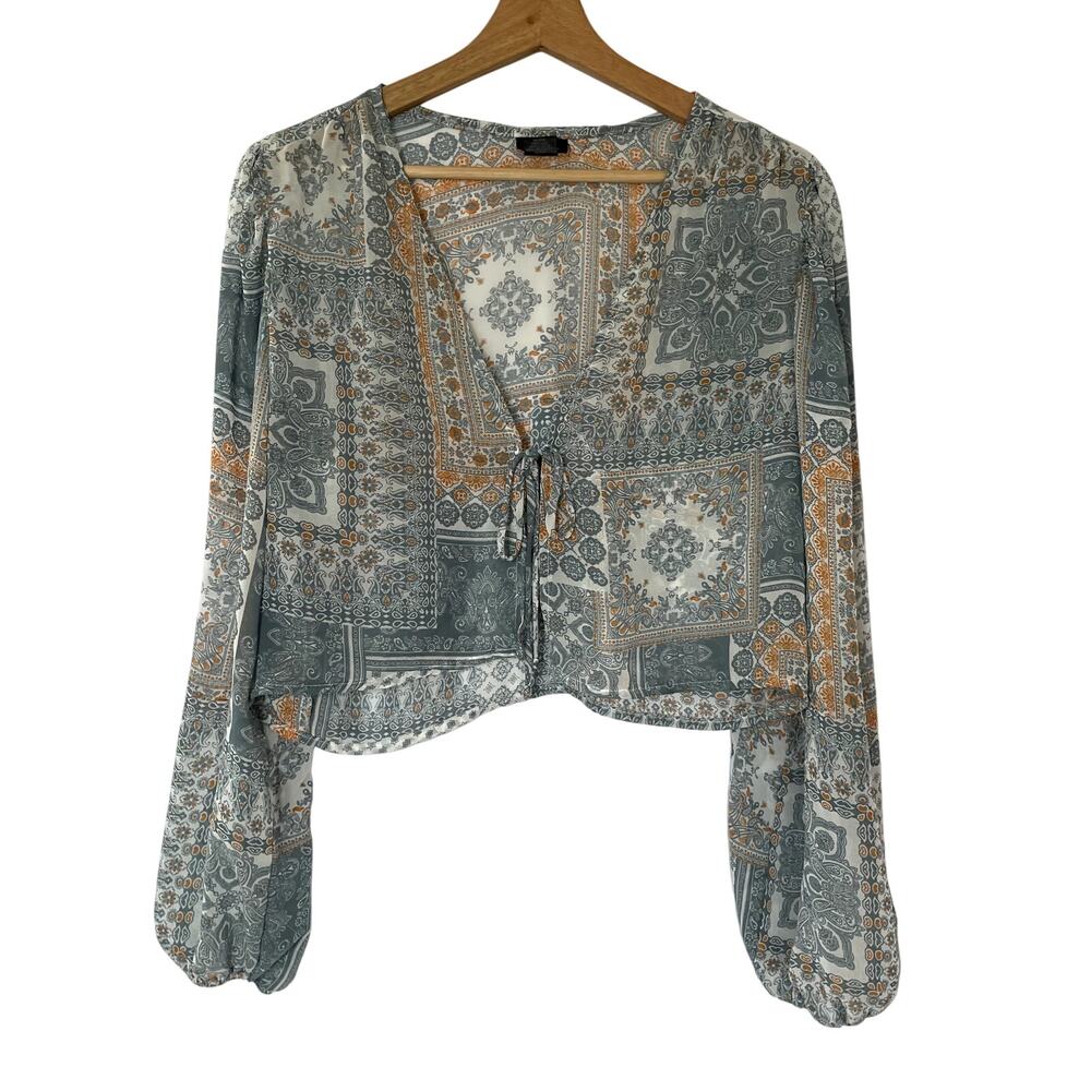 Rue21 flowy lightweight boho fairycore blue tie front top L long sleeved shirt